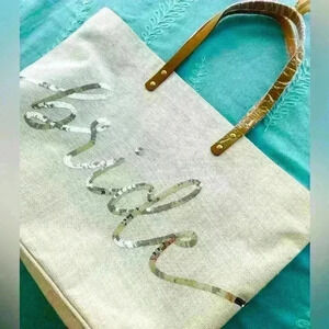 👰 NWT Large  Silver Sequence Bride Tote with leather brown handles